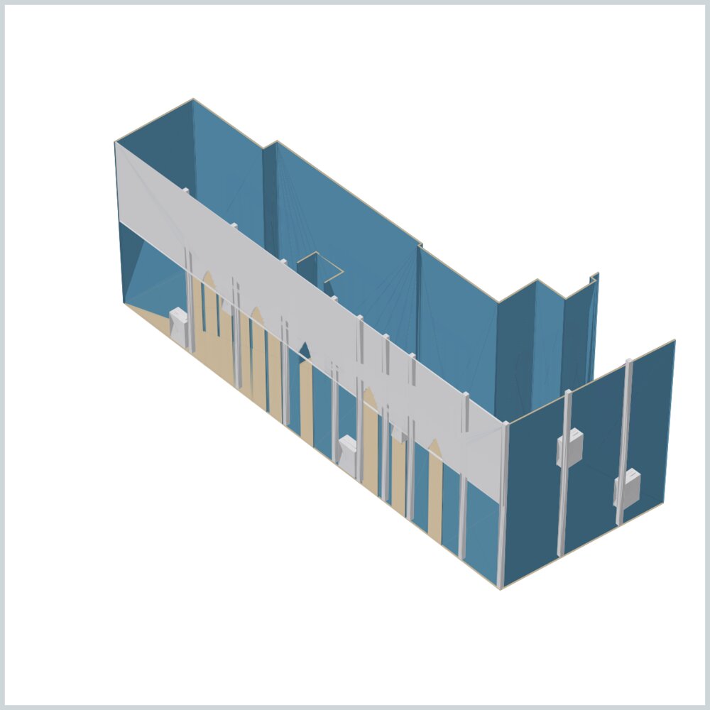 Isometric CFD model of terrace architecture and cooling equipment