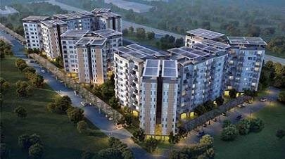 Aerial view of large residential development with multiple towers