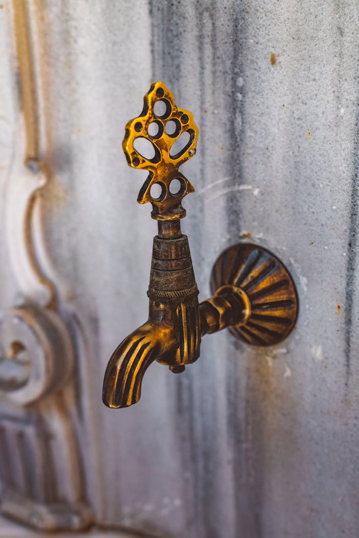 Detailed shot of an ornate antique brass faucet attached to a weathered concrete wall.